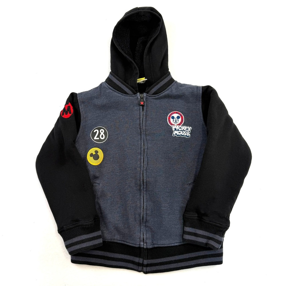 Disney Mickey Mouse Kids Varsity Zip Up Hoodie Sherpa Lined Jacket Gray Black M